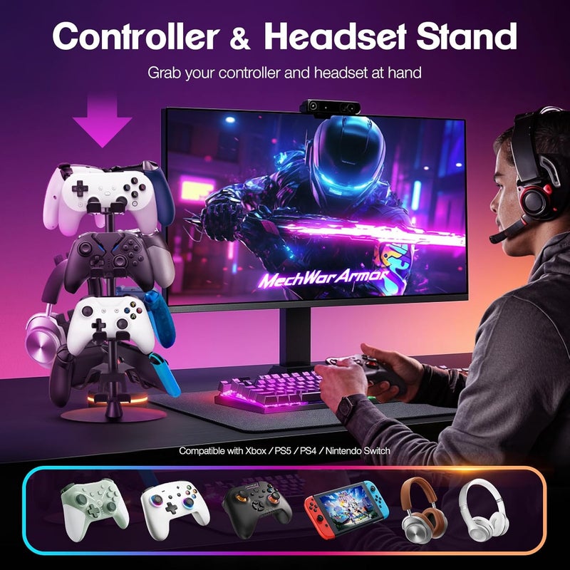 Hatisan Headset Stand 4 Tiers Rotating, Desktop Controller Holder for Xbox PS5 PS4 Switch, Gaming Accessories Headset Holder for 8 Pack Controller - Image 2